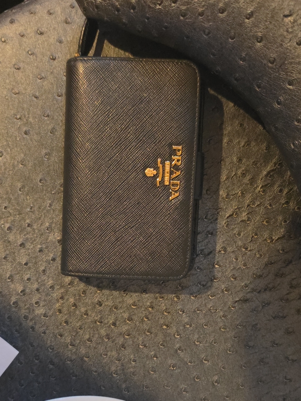 Prada Black Saffiano Leather Wristlet with Gold Logo